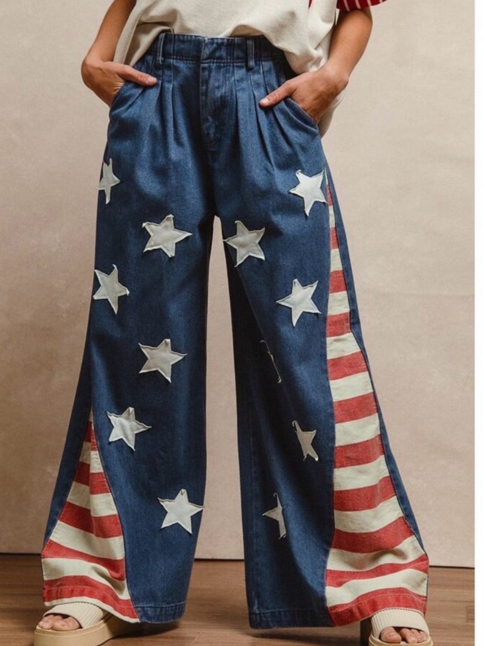 NWT BiBi Patriotic Star Stripe Wide Leg Chambray Denim Pants